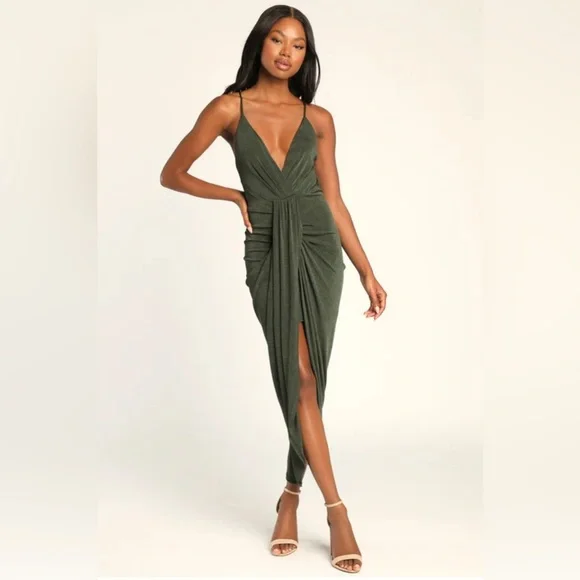 Lulus | Dresses | Nwt Lulus Womens Dreamy Date Dark Green Surplice Dress Xl  | Poshmark